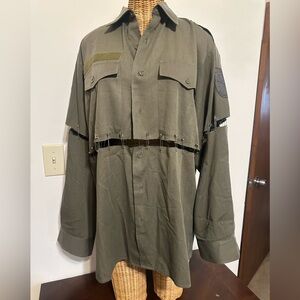Olive Green Button-Up Shirt with Safety Pin Details